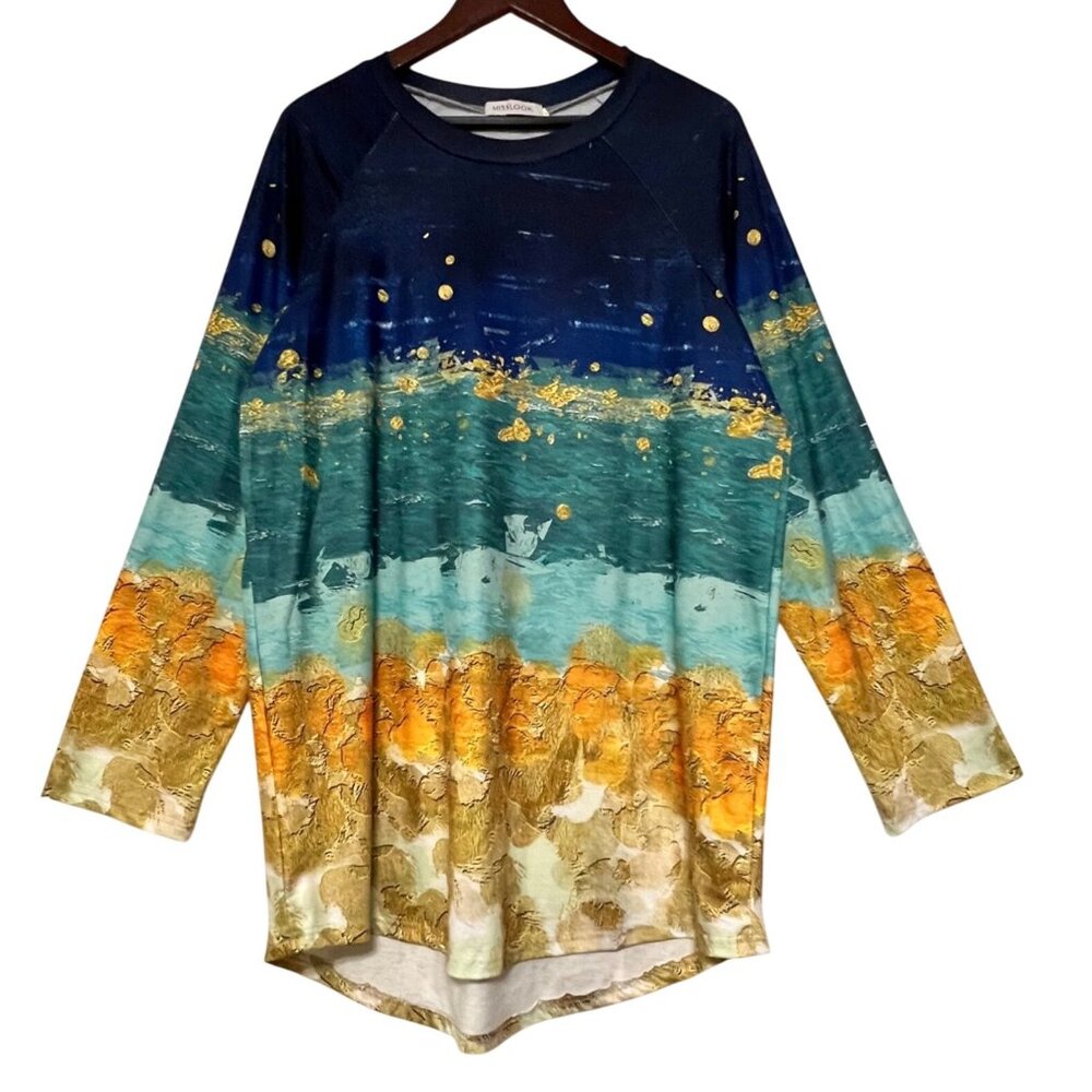 Misslook Cotton-Blend Artistic Long Sleeve Shirt Large Ocean Boho Colorful Hippy